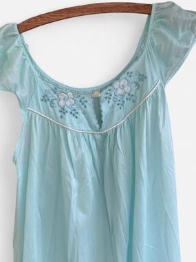Vintage Blue Satin Nightgown Slip Dress | Floral Embroidered | Lingerie Large